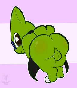 anthro apron balls butt clothed clothing eyewear genitals glasses looking_at_viewer looking_back male presenting presenting_hindquarters rear_view simple_background solo standing thefablednekos nintendo pokemon jay_(thefablednekos) generation_2_pokemon larvitar pokemon_(species) 2017 dated digital_media_(artwork) hi_res