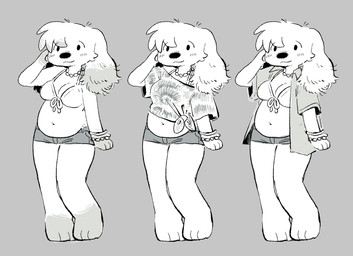 alternate_costume anthro bangs barefoot belly belly_overhang bikini bikini_top blush blush_lines bottomwear bracelet breasts clothed clothing clothing_swap collared_shirt denim denim_bottomwear denim_clothing denim_shorts dipstick_ears dot_eyes dress_shirt ear_markings ears_down feet female fluffy_ears fur fur_markings gloves_(marking) gradient_fur hand_on_head hotpants jewelry leg_markings markings medium_breasts multicolored_ears navel off_shoulder open_clothing open_shirt open_topwear pivoted_ears shell_necklace shirt shorts shy simple_eyes slightly_chubby socks_(marking) solo swimwear tied_shirt topwear two-piece_swimsuit kint warren_(kint) bird_dog canid canine canis cocker_spaniel domestic_dog hunting_dog mammal spaniel monochrome nonbinary_(lore)