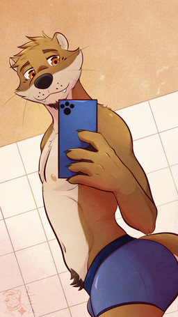anthro bathroom boxer_briefs cellphone clothed clothing electronics facial_hair fangs goatee logo male male_anthro membrane_(anatomy) navel nipples phone pubes selfie smartphone solo teeth topless topless_anthro topless_male underwear webbed_hands whiskers ventkazemaru echo_(game) echo_(series) echo_project chase_hunter mammal mustelid otter 2026 absurd_res artist_logo dated hi_res