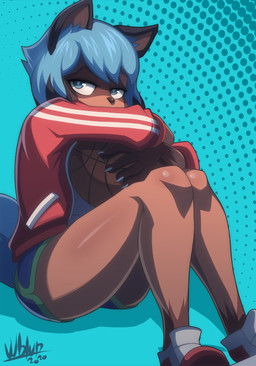 anthro ball basketball_(ball) blue_eyes blue_hair claws clothed clothing female hair halftone_background looking_at_viewer pattern_background simple_background solo wildblur brand_new_animal studio_trigger michiru_kagemori canid canine mammal raccoon_dog tanuki 2020 halftone hi_res letterbox signature