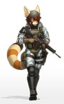 2024 absurd_res ailurid anthro armor assault_rifle blue_eyes brown_body brown_fur brown_hair bulletproof_vest camo camo_clothing camo_print clothing combat_helmet eyebrows fur furgonomic_headwear gloves gun hair handwear headgear helmet hi_res holding_gun holding_object holding_ranged_weapon holding_weapon inner_ear_fluff knee_pads male mammal military pattern_clothing pgm300 pouches ranged_weapon red_panda rifle s.t.a.l.k.e.r. sg_551 soldier solo tactical_gear tan_body tan_fur trigger_discipline tuft walking warrior weapon