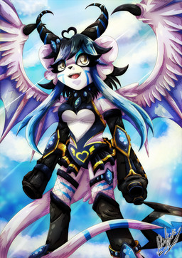 amber_eyes anthro arm_cannon black_hair blue_hair blue_markings clothing female fishnet_clothing fishnet_legwear gem gun gun_arm hair horn legwear markings multicolored_hair ranged_weapon round_ears shotgun sky sleeveless_dress solo two_tone_hair weapon weapon_arm white_body wings yukariasano velatis_ferio_caedo unknown_species signature