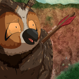 ambiguous_gender anthro arrow_(weapon) brown_body brown_feathers feathers panicking pupils ranged_weapon scared small_pupils solo weapon wounded pastelpaints avian bird eared_owl long-eared_owl owl true_owl 1:1 absurd_res hi_res male_(lore)