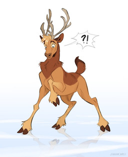 ambiguous_gender antlers brown_body brown_fur feral fur hair hooves horn interrobang reflection simple_background solo white_background jeniak deer mammal new_world_deer reindeer 2021 digital_media_(artwork)