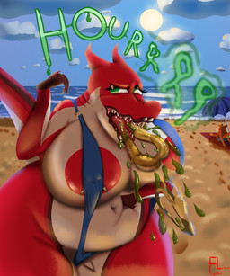 after_vore anthro beach big_breasts big_butt bikini bodily_fluids breasts burping burping_up_clothing butt clothing digestion_implied emetophilia eyelashes eyeliner female gills green_eyes huge_breasts huge_butt hyper hyper_breasts hyper_butt lips makeup male multicolored_body natural_colors navel nipple_piercing nipples nude onomatopoeia overweight overweight_female piercing pupils pussy_fins sharp_teeth small_clothing solo sound_effects stomach_acid swimming_trunks swimwear teeth text tongue two-piece_swimsuit vomit vore white_pupils flightlesslizard golden_week akai_(flightlesslizard) aquatic canid canine fish fox mammal shark absurd_res hi_res story story_in_description
