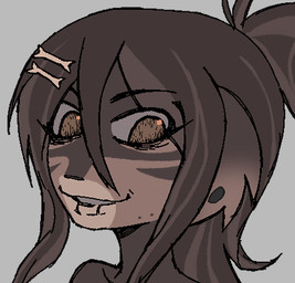 accessory ambiguous_gender anthro brown_body brown_eyes brown_hair facial_markings facial_stripes grey_background hair hair_accessory hairclip head_markings looking_aside markings multicolored_body no_pupils simple_background smile solo striped_markings stripes two_tone_body codapixel canid canine canis domestic_dog mammal digital_media_(artwork) low_res trans_(lore) trans_man_(lore)