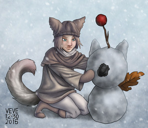 blue_eyes boots brown_boots brown_clothing brown_footwear brown_hair clothing footwear fur glistening glistening_eyes grey_body grey_fur grey_tail hair hat headgear headwear kneeling light_body light_skin outside shoes snow snowing snowman solo tail topwear skyelegs humanoid 2015 dated hi_res signature