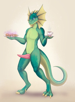 anthro baked_goods beverage coffee coffee_mug cookie enchanted_item erection food frill_(anatomy) genitals green_body green_scales head_crest head_frill heterochromia logo long_tail magic magic_user male nude penis plate scales slit_penis solo tail tapering_penis yumiix soren_(golddrake) agamid frilled_lizard lizard reptile scalie absurd_res hi_res