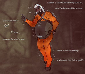 anthro belly belly_expansion belly_inflation belly_overhang blush breath expansion horn infestation inflation male panting parasite scar shaking skinny slim solo text tremble_spikes trembling conditional_dnp giahryan lethal_company bovid caprine goat mammal english_text