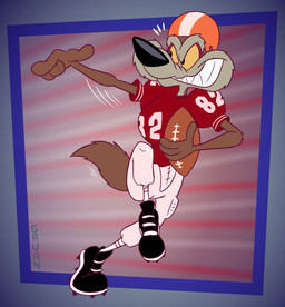 abstract_background athletic bared_teeth catching_ball cleats football_gear football_helmet football_jersey football_player football_uniform grin male playing_sport pose smile solo sport teeth gavanzude looney_tunes warner_brothers wile_e._coyote canid canine canis coyote mammal digital_drawing_(artwork) digital_media_(artwork) hi_res pinup