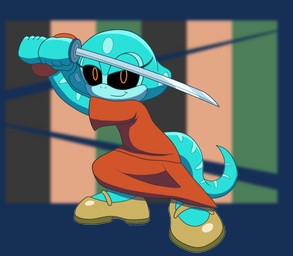 anthro biped black_sclera closed_smile clothed clothing female footwear front_view grey_body holding_katana holding_melee_weapon holding_object holding_sword holding_weapon katana looking_at_viewer melee_weapon mouth_closed pose red_clothing smile solo standing stripes sword weapon white_stripes shadowwalk sega sonic_the_hedgehog_(series) amphibian salamander 2024 alpha_channel hi_res
