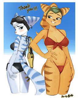 anthro back-tie_bikini big_breasts bikini black_bikini black_clothing black_swimwear blue_body blue_eyes blue_fur blush breasts butt cleavage clothed clothing duo ear_piercing ear_ring eyewear eyewear_on_head female front-tie_bikini fur gesture goggles goggles_on_head green_eyes hand_on_hip kemono larger_female looking_back medium_breasts orange_body orange_fur piercing prosthetic prosthetic_arm prosthetic_limb rear_view red_bikini red_clothing red_swimwear ring_piercing robotic_arm side-tie_bikini size_difference skimpy skimpy_swimwear smaller_female smile standing string_bikini striped_body stripes suggestive suggestive_gesture suggestive_pose swimwear tail topwear two-piece_swimsuit under_boob yellow_body yellow_fur hutomayuu ratchet_and_clank sony_corporation sony_interactive_entertainment angela_cross rivet_(ratchet_and_clank) lombax mammal absurd_res hi_res