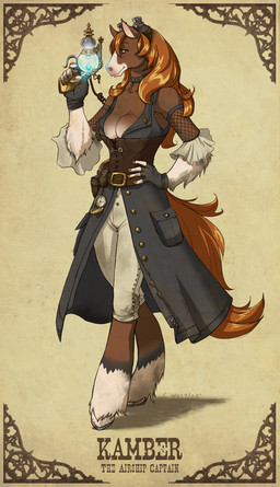 abstract_background alternative_fashion anthro breasts cleavage clock clothed clothing coat collar corset eyewear female fishnet_clothing goggles gun hooves lingerie pocketwatch ranged_weapon raygun simple_background solo steampunk tail textured_background topwear watch weapon west_(artist) kamber equid equine horse mammal