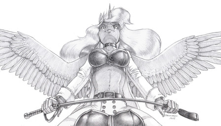 anthro anthrofied clothed clothed_female clothing duo female first_person_view fur hair horn low-angle_view midriff navel nipple_outline solo spread_wings unicorn_horn wings baron_engel friendship_is_magic hasbro my_little_pony mythology princess_luna_(mlp) equid equine mammal mythological_creature mythological_equine winged_unicorn 2026 greyscale hi_res monochrome