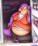 anthro anthro_focus appliance belly big_belly bottomwear breasts claws clothed clothing countershade_face countershade_torso countershading dialogue duo eyelashes fangs female female_focus fridge inside kitchen_appliance long_neck midriff obese obese_anthro obese_female offscreen_character open_mouth overweight overweight_anthro overweight_female pants purple_body purple_scales sagging_breasts scales shirt smile snake_hood solo_focus speech_bubble talking_to_another teeth text tongue topwear yellow_eyes wenisberry keeshee cobra lamarian reptile scalie snake 2021 english_text hi_res