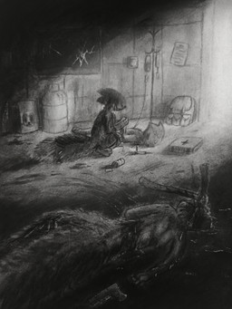 ambiguous_gender anthro backpack biped black_body black_fur blood blood_on_ground bodily_fluids clothing corpse crouching dipstick_tail drugs fluffy fluffy_tail footwear fur glass group gun handgun holding_object inside killing light looking_at_viewer lying markings medical_instrument medkit melee_weapon note nude on_front on_side pet_food pickaxe pills pistol pod pushbutton ranged_weapon scientific_instrument screen simple_background syringe tail tail_markings thief trio wall_(structure) water_jug weapon window tangerinefox casualties:_unknown canid canine expie_(gunsawian) gunsawian hybrid mammal murid rodent 2026 absurd_res chalk_(artwork) charcoal_(artwork) graphite_(artwork) greyscale hi_res monochrome traditional_media_(artwork)