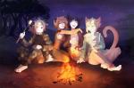 anthro barefoot blonde_hair blue_hair breasts clothed clothing day detailed_background feet female fire grey_hair group hair male outside sky smile rikitoka canid canine canis domestic_cat domestic_dog felid feline felis mammal