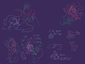 anthro arms_bent bangs banjo_(instrument) bent_arm blue_line_art bottomwear buckteeth button_(fastener) clothed clothed_anthro clothed_female clothed_male clothing crown eyewear facial_hair featureless_feet feet female female_anthro fully_clothed fully_clothed_anthro fully_clothed_female fully_clothed_male fusion gauntlets_(weapon) gesture green_line_art group gun hair hair_over_eye hand_gesture hat headgear headwear holding_gun holding_object holding_ranged_weapon holding_weapon leaning_on_another long_ears long_hair looking_at_another lying male male_anthro medium_hair mitten_hands motion_lines musical_instrument mustache no_eyebrows omg on_back open_mouth open_smile overalls pink_line_art playing_banjo playing_music plucked_string_instrument purple_background purple_clothing purple_facial_hair purple_mustache purple_overalls purple_shirt purple_tail purple_topwear ranged_weapon red_line_art rocket shirt shooting_gun sideways_hat simple_background sitting skirt smile smiling_at_another speech_bubble string_instrument sunglasses tail talking_to_another teeth text thumbs_up tongue topwear weapon wide_eyed yo-yo insert-thenewbl-here cartoon_network mario_bros mario_plus_rabbids_kingdom_battle mario_plus_rabbids_sparks_of_hope nintendo raving_rabbids rayman_(series) steven_universe ubisoft rabbid_luigi rabbid_mario rabbid_peach rabbid_rosalina clay_(species) fan_species gem_(species) hybrid lagomorph mammal rabbid 2024 4:3 colored colored_line_art crossover digital_drawing_(artwork) digital_media_(artwork) english_description english_text hi_res sketch_page