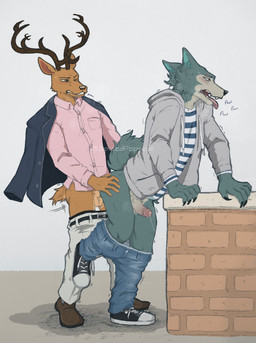 anal anal_penetration anthro anthro_on_anthro anthro_penetrated anthro_penetrating anthro_penetrating_anthro antlers balls bareback bodily_fluids bottomwear bottomwear_down breath brown_body brown_fur clothed clothed_sex clothing collared_shirt denim denim_bottomwear denim_clothing dress_shirt duo erection footwear from_behind_position fur genital_fluids genitals grey_body grey_fur hoodie horn interspecies jacket jeans male male/male male_penetrated male_penetrating male_penetrating_male one_eye_closed open_clothing open_jacket open_topwear panting pants pants_down partially_clothed penetration penis precum precum_string sex shirt shoes sneakers standing standing_sex text tongue tongue_out topwear spicedpopsicle beastars legoshi_(beastars) louis_(beastars) canid canine canis cervine deer mammal red_deer wolf 2021 english_text hi_res