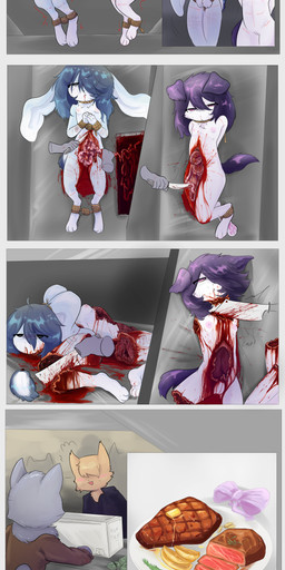 adolescent anthro blood bodily_fluids bound breasts butcher_knife butchering cannibalism character_prepared_as_food crying death disembowelment dismemberment feet female flat_chested gore hands_behind_back hands_tied hands_tied_behind_back hanged hindpaw imminent_death legs_tied pain paws scar self-harm_scars small_breasts tears torture young young_anthro gorebunny canid canine lagomorph leporid mammal rabbit absurd_res hi_res huge_filesize