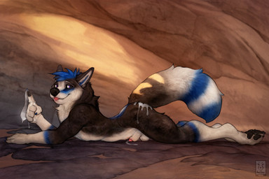 5_fingers animal_genitalia anthro back_markings balls black_body black_fur black_nose black_pawpads black_tail blep blue_body blue_claws blue_fur blue_hair blue_inner_ear blue_markings blue_stripes blue_tail blue_tail_tip bodily_fluids butt claws condom countershade_face countershade_fur countershade_neck countershade_torso countershading cum cum_on_butt cum_on_hand cute_fangs dipstick_tail eyebrows facial_markings fangs feet filled_condom finger_claws fingerpads fingers fur fur_markings genital_fluids genitals gloves_(marking) hair head_markings inner_ear_fluff leg_markings light lipsticking long_tail looking_aside looking_aside_at_viewer looking_at_viewer lying lying_on_ground male male_anthro markings monotone_hair multicolored_body multicolored_fur multicolored_tail nude nude_anthro nude_male on_front on_ground one_fang outside pawpads penis penis_tip pink_penis pink_tongue pupils purple_eyes sexual_barrier_device sheath short_hair side_view smile smiling_at_viewer socks_(marking) solo striped_markings striped_tail stripes tail tail_markings teeth toe_claws toes tongue tongue_out tuft white_balls white_body white_countershading white_eyebrows white_fur white_inner_ear_fluff white_markings white_sclera white_sheath white_stripes white_tail anchee canid canine mammal 2025 absurd_res full-length_portrait hi_res portrait