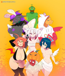 antennae_(anatomy) anthro areola bag bandage big_breasts black_body black_fur blue_hair blush bottomwear bra breast_size_difference breasts choker cleavage clothed clothing costume feathered_wings feathers female femboy feral fluffy food fruit fur gloves glowing glowing_eyes green_eyes grey_body grey_fur group hair halo handwear holidays huge_breasts jewelry kigurumi legwear long_hair male markings multicolored_hair muscular narrowed_eyes navel neck_tuft necklace nipples nude one_eye_closed onesie orange_background orange_hair orange_sclera panties pink_eyes plant ponytail pumpkin purple_areola purple_body purple_eyes purple_fur purple_nipples red_eyes red_hair semi-anthro simple_background skirt slightly_chubby small_waist stockings topless tuft two_tone_hair underwear white_body white_eyes white_fur white_hair wings matemi halloween nintendo pokemon artemis_the_absol azula_arktandr azzilan meagan_(silver_soul) sergen_(silver_soul) shamrock_(lysergide) silver_soul absol angel angel_humanoid animal_humanoid arthropod bat cat_humanoid charizard demon elemental_creature felid felid_humanoid feline feline_humanoid flora_fauna generation_1_pokemon generation_3_pokemon generation_5_pokemon human humanoid insect latias legendary_pokemon lepidopteran mammal mammal_humanoid moth mummy pokemon_(species) sceptile shiny_pokemon undead winged_humanoid zoroark 2020 digital_media_(artwork) hi_res herm_(lore)