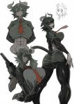 black_body black_eyes black_fur black_hair breasts butt clothed clothing female fur gun hair handgun hands_behind_back holster horn looking_back midriff multiple_poses muscular muscular_female muscular_humanoid necktie pose ranged_weapon revolver simple_background solo standing tight_clothing weapon white_background 10den kemono_friends aurochs_(kemono_friends) animal_humanoid aurochs_humanoid bovid bovid_humanoid bovine bovine_humanoid humanoid mammal mammal_humanoid hi_res