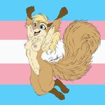 animal_genitalia anthro armpit_tuft balls blonde_hair blue_eyes breasts buckteeth chest_tuft fluffy fully_sheathed genitals gynomorph hair intersex jumping lgbt_pride nipples nude pride_colors sheath simple_background smile solo squirrel_tail teeth tongue transgender_pride_colors tuft deerwalker lgbt_pride_month mammal rodent sciurid tree_squirrel 1:1 flat_colors hi_res trans_(lore) trans_woman_(lore)