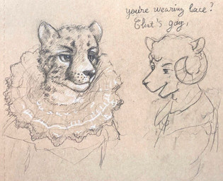 anthro dialogue duo ears_up eye_contact eyebrows fur horn lace looking_at_another male male/male open_mouth question_mark text wool_(fur) reynard_goodfellow reynard_the_baa bovid caprine cheetah felid feline mammal sheep