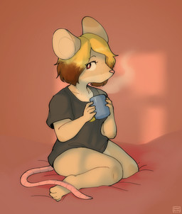 anthro blonde_hair breasts brown_hair clothed clothed_anthro clothed_female clothing container cup eyelashes female female_anthro fingers front_view fur grey_clothing grey_shirt grey_topwear hair holding_container holding_cup holding_object multicolored_hair on_bedding pink_nose pink_tail shirt simple_background sitting steam t-shirt tail tan_body tan_ears tan_fur tan_inner_ear three-quarter_view topwear two_tone_hair conditional_dnp sonokido ventura_city_drifters ivy_fowler mammal mouse murid murine rodent 2021 hi_res