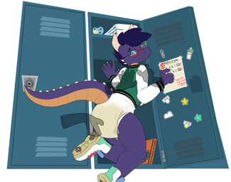 ageplay anthro blue_eyes blue_hair blush bodily_fluids clothed clothing diaper diaper_check disembodied_hand duo eyewear footwear genital_fluids glasses glistening glistening_eyes green_clothing green_topwear hair horn infantilism locker looking_at_viewer male male_anthro orange_tail pacifier purple_body purple_tail roleplay round_glasses shoes short_hair solo_focus spiked_tail spikes spikes_(anatomy) standing tail tan_horn topwear unclean_diaper urine used_diaper wearing_diaper wet_diaper white_clothing white_diaper white_topwear hardscales mythology jet_(jetthedrake) dragon mythological_creature mythological_scalie scalie hi_res