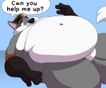 anthro asking asking_viewer belly big_belly bubble calling_for_help dialogue lying male obese obese_male on_back overweight overweight_male question resting solo speech_bubble talking_to_viewer text yes-no_question shikakaka reuben_fox canid canine fox grey_fox mammal urocyon english_text