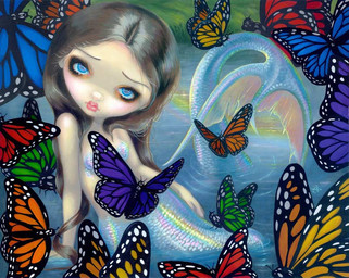 ambiguous_gender bra_(anatomy) breasts eyebrows eyelashes female feral fin fish_tail group hair iridescent iridescent_scales legless lips long_hair looking_at_viewer makeup mermaid_tail not_furry nude pink_lips pupils scaled_breasts split_form tail tail_fin water jasmine_becket-griffith arthropod butterfly humanoid humanoid_merfolk insect lepidopteran mammal marine merfolk monarch_butterfly formal_art painting_(artwork) traditional_media_(artwork) traditional_painting_(artwork)