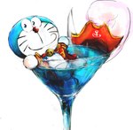 anthro bell beverage blue_body blue_fur clothed clothing collar front_view fur glass liquid looking_at_viewer machine male melee_weapon mouth_closed pirate_hat pouch_(anatomy) red_collar red_nose simple_background sitting solo sword weapon whiskers white_background white_body white_fur mt_tg doraemon doraemon_(character) domestic_cat felid feline felis mammal robot 2018 shaded