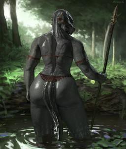 anthro armlet big_butt bikini bikini_top biped bottomwear brown_armlet brown_bikini brown_bikini_top brown_bottomwear brown_clothing brown_loincloth brown_swimwear butt clothed clothed_anthro clothed_female clothing dark_body dark_scales dark_tail day detailed_background female glistening glistening_body glistening_butt glistening_scales grey_body grey_scales grey_tail holding_melee_weapon holding_object holding_polearm holding_spear holding_weapon horn loincloth melee_weapon monotone_body monotone_scales monotone_tail mouth_closed multi_horn outside partially_submerged plant polearm pose rear_view scales skimpy snout solo spear standing standing_in_water straight_legs swimwear tail text thick_thighs tree two-piece_swimsuit water water_ripple weapon sonazith microsoft the_elder_scrolls argonian scalie 2024 artist_name digital_drawing_(artwork) digital_media_(artwork) hi_res
