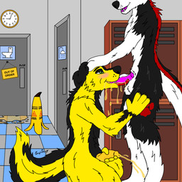 anthro bodily_fluids derpdawg drinking duo fellatio genital_fluids male male/male oral penile sex swallowing urine watersports canid canine mammal hi_res