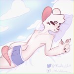 anthro belly_tuft black_nose bulge clothing cloud ears_up fluffy fur lying male navel on_back pillow sleeping smile solo tuft underwear white_body white_fur hornygoatbritt maple_(hornygoatbritt) mammal mouse murid murine rodent 1:1 absurd_res hi_res pastel_theme