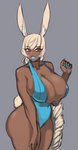 big_breasts breasts cleavage clothed clothing dark_body dark_skin female grey_background hair huge_breasts one-piece_swimsuit red_eyes simple_background solo swimwear white_hair liveforthefunk mrsithums cassandra_(mrsithums) animal_humanoid humanoid lagomorph lagomorph_humanoid leporid_humanoid mammal mammal_humanoid rabbit_humanoid absurd_res hi_res