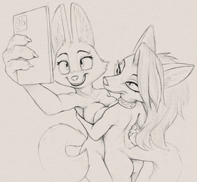 anthro anthro_on_anthro big_breasts biped breast_squish breasts butt claws duo electronics female female/female fingers front_view fur hair phone rear_view simple_background smile squish standing tail teeth s1m dreamworks hellaverse helluva_boss mythology the_bad_guys diane_foxington loona_(helluva_boss) canid canid_demon canine demon fox hellhound mammal mythological_canine mythological_creature 2026 digital_drawing_(artwork) digital_media_(artwork) hi_res