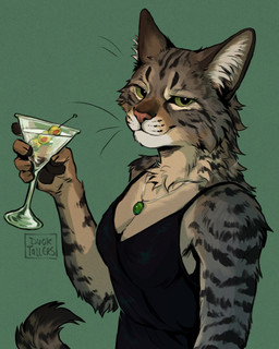 alcohol anthro beverage breasts brown_body brown_fur clothing cocktail cocktail_glass container cup dress drinking_glass ducktollers female fur glass glass_container glass_cup green_eyes inner_ear_fluff jewelry looking_at_viewer martini necklace pendant simple_background solo stripes tail textured_background tuft whiskers domestic_cat felid feline felis mammal tabby_cat digital_media_(artwork) half-length_portrait hi_res portrait signature