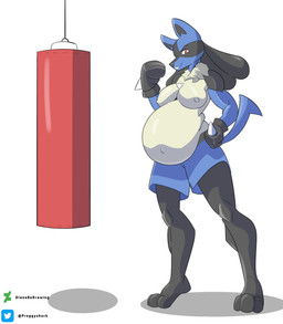 anthro belly big_belly big_breasts biped black_body black_fur blue_body blue_fur boxing_gloves breasts clothing digitigrade feet female fur handwear looking_at_viewer low-angle_view navel neck_tuft nipples outie_navel pregnant pregnant_anthro pregnant_female punching_bag red_eyes shadow simple_background smile smirk solo standing tail tan_body tan_fur text toes tuft white_background preggyshork nintendo pokemon generation_4_pokemon lucario pokemon_(species) artist_name colored full-length_portrait hi_res portrait shaded