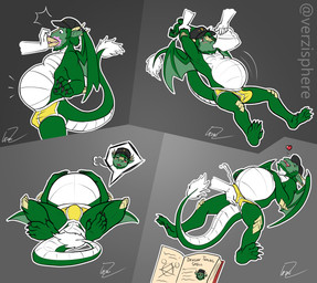 anthro belly big_belly bloated bodily_fluids briefs bulge clothing cum cum_in_clothing cum_through_clothing disembodied_hand duo eating ejaculation feeding food genital_fluids green_body hat headgear headwear male stuffing underwear wet wet_clothing white_body wings verzisphere mythology mintmonkey dragon mythological_creature mythological_scalie scalie absurd_res comic hi_res