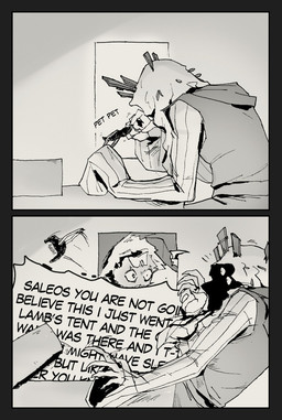 ambiguous_anthro ambiguous_gender anthro black_border border dialogue duo holding_object inside looking_at_another speech_bubble text upside_down aveloka saleos_(cult_of_the_lamb) tzinn_(aveloka) bat mammal 2025 comic digital_drawing_(artwork) digital_media_(artwork) english_text greyscale hi_res monochrome