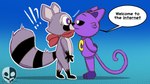 anthro duo fur kerchief kiss_on_lips kissing male male/male neckerchief purple_body purple_eyes simple_background smile tail text thick_thighs notsafeforwanking bo_burnham indigo_park mob_entertainment poppy_playtime smiling_critters welcome_to_the_internet catnap_(poppy_playtime) rambley_raccoon canid canine canis domestic_cat felid feline felis mammal procyonid raccoon 2024 comment_chain english_text hi_res lol_comments