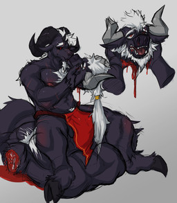 bottomwear clothed clothing clothing_lift death decapitation duo erection erection_under_clothing gore hair holding_head hooves horn kissing loincloth loincloth_lift loincloth_only long_hair male male/male multi_horn necrophilia scar sitting_on_another tenting topless demonrat demos_(demonrat) stangel_(demonrat) bovid bovine caprine cattle goat mammal absurd_res hi_res