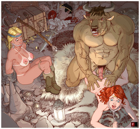 accessory anthro anthro_penetrating anthro_penetrating_human balls bdsm black_hair blonde_hair blood blue_eyes bodily_fluids bondage boots border bound bra breasts brown_hair cave chain cloth_gag clothing coin collar crown crying decapitation facial_piercing female female_on_anthro female_penetrated footwear forced gag genitals gore group hair headband headgear human_on_anthro human_penetrated imminent_rape imminent_sex interspecies lamp lantern male male/female male_on_human male_penetrating male_penetrating_female markings melee_weapon nipple_piercing nipple_ring nipples nose_piercing nose_ring nude open_mouth penetration penis piercing polearm rape red_hair ring_(jewelry) ring_piercing rope rug severed_body_part severed_head sex shield shoes stalagmite sword tan_markings tears tiara treasure_chest underwear weapon white_border furronika european_mythology greek_mythology mythology bovid bovine human mammal minotaur hi_res