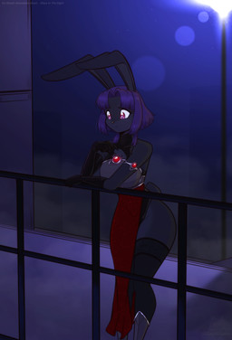 anthro black_body breasts chest_tuft clothing eyelashes female gloves hair handwear legwear leotard pink_eyes purple_hair solo stockings thick_thighs tuft wide_hips scorpdk arkane_(scorpdk) lagomorph leporid mammal rabbit 2026 absurd_res hi_res