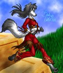 anthro breasts clothing female grass medium_breasts plant sky solo bradydalton canid canine canis mammal wolf low_res