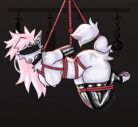 anal_beads anthro armwear bdsm blindfold bondage bound breasts clothing collar female hair handwear latex latex_clothing latex_handwear latex_legwear latex_stockings legs_tied legwear nipple_piercing nipples nude paddle paws piercing pink_hair restraints rope rope_bondage sex_toy simple_background solo stockings submissive tail thigh_highs worried viixenpiixen vix_(viixenpiixen) canid canine fox mammal digital_media_(artwork) hi_res