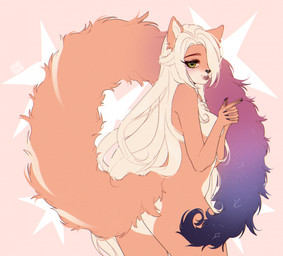 anthro blue_tail eyelashes female female_anthro fur glistening glistening_eyes gradient_tail green_eyes hair long_hair looking_at_viewer nude orange_body orange_fur orange_tail purple_tail side_view solo standing tail white_body white_fur white_hair sonyan felid mammal hi_res portrait three-quarter_portrait